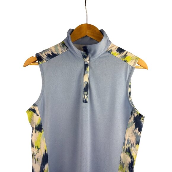 Antigua Womens Sleeveless Golf Polo Shirt Medium Light Blue & Ikat Print Polyest - Picture 1 of 6